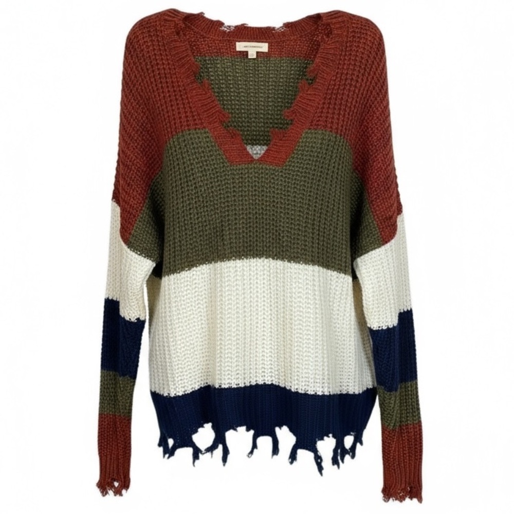 EE: SOME - STYLE #SK2067 COLOR BLOCK‎ TATTERED DISTRESSED LOOSE KNIT SWEATER B6 - Picture 3 of 9